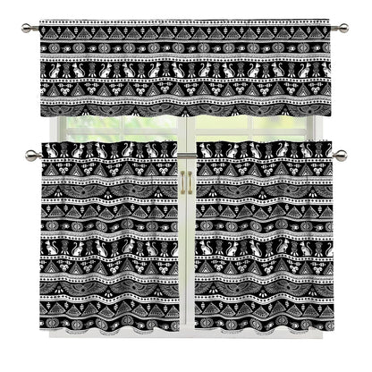 Black And White Egypt Pattern Print 3 Piece Kitchen Curtains