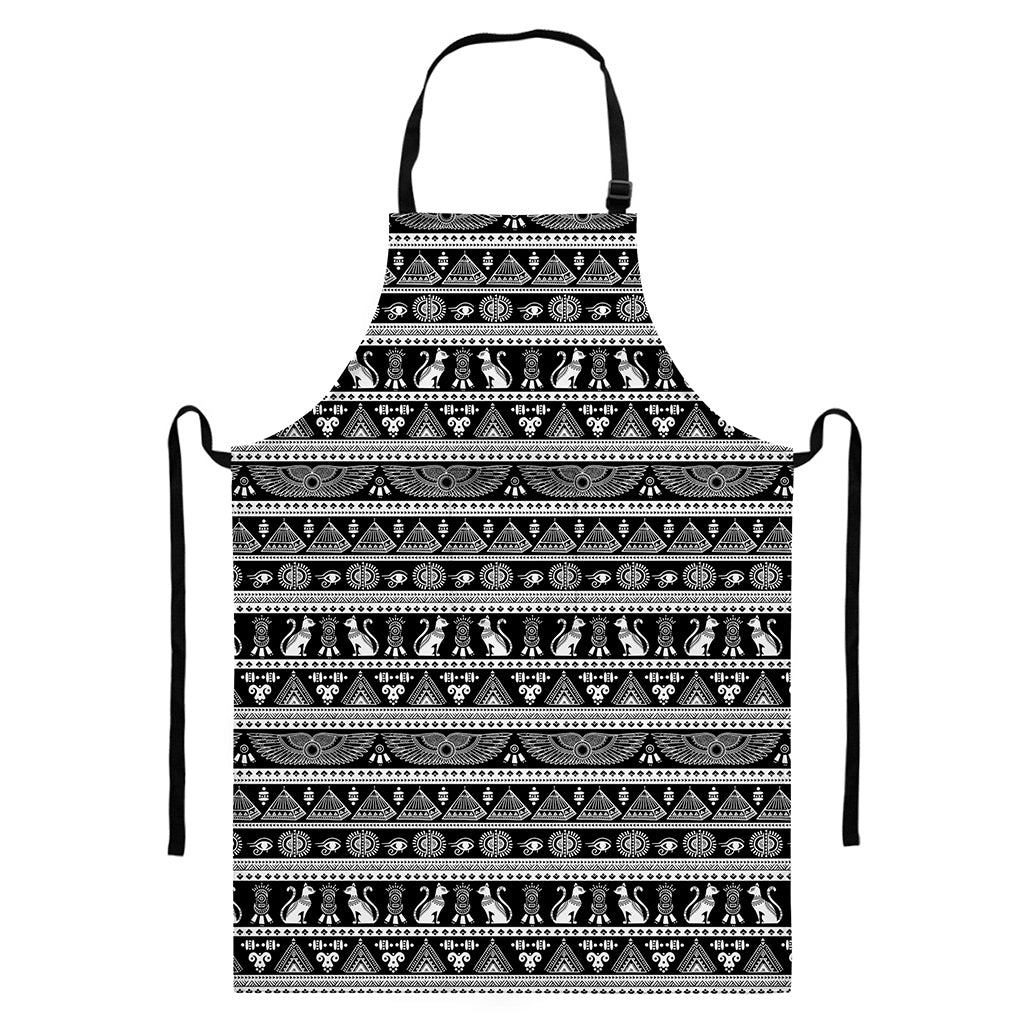 Black And White Egypt Pattern Print Bib Apron With Pocket