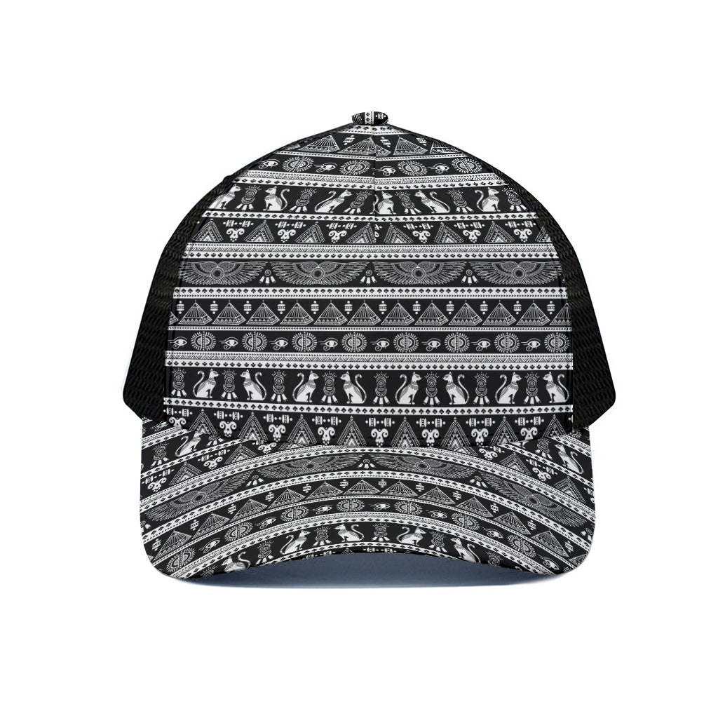 Black And White Egypt Pattern Print Black Mesh Trucker Cap