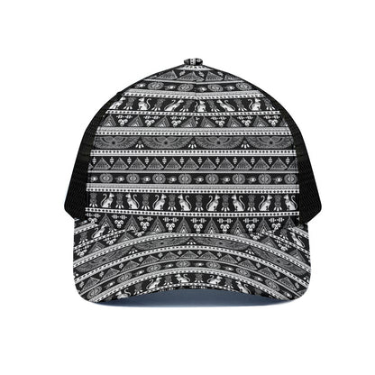 Black And White Egypt Pattern Print Black Mesh Trucker Cap