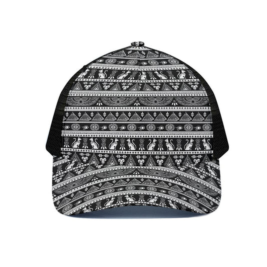 Black And White Egypt Pattern Print Black Mesh Trucker Cap