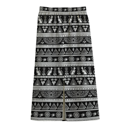 Black And White Egypt Pattern Print Cotton Front Slit Maxi Skirt