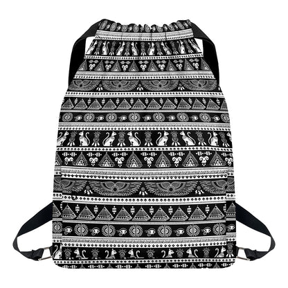 Black And White Egypt Pattern Print Drawstring Backpack