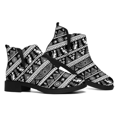 Black And White Egypt Pattern Print Flat Ankle Boots