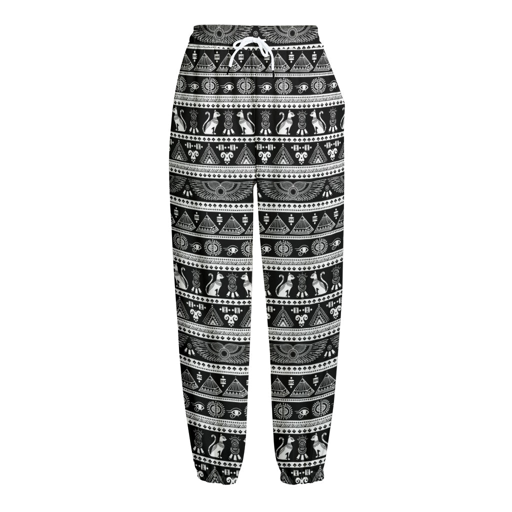 Black And White Egypt Pattern Print Fleece Lined Knit Pants