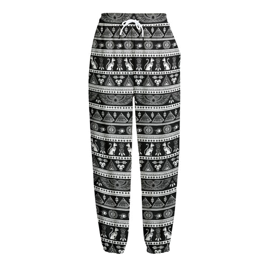 Black And White Egypt Pattern Print Fleece Lined Knit Pants