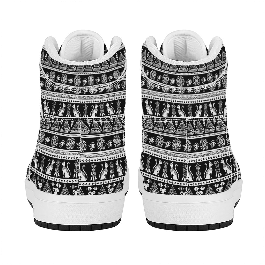 Black And White Egypt Pattern Print High Top Leather Sneakers