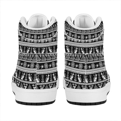 Black And White Egypt Pattern Print High Top Leather Sneakers