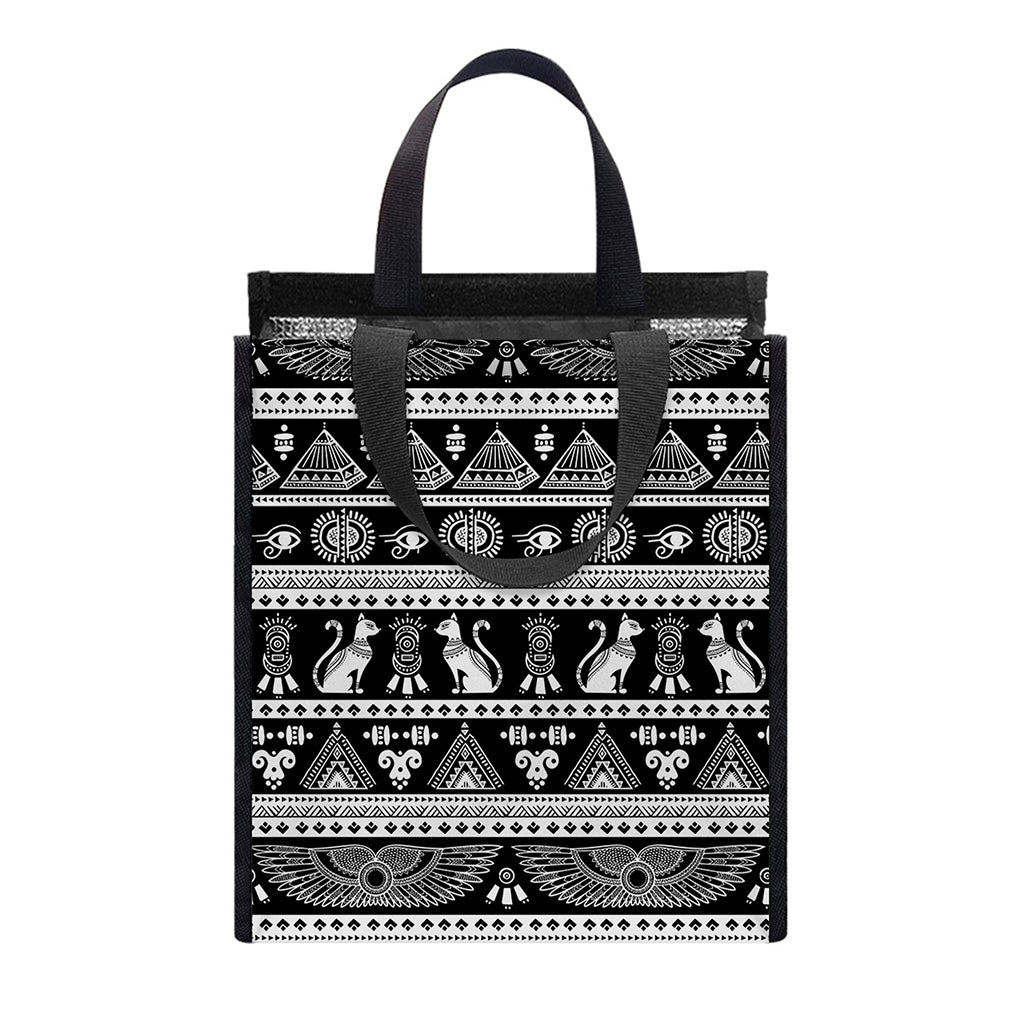 Black And White Egypt Pattern Print Insulated Lunch Tote