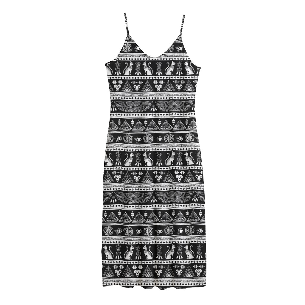 Black And White Egypt Pattern Print Jersey Midi Cami Dress