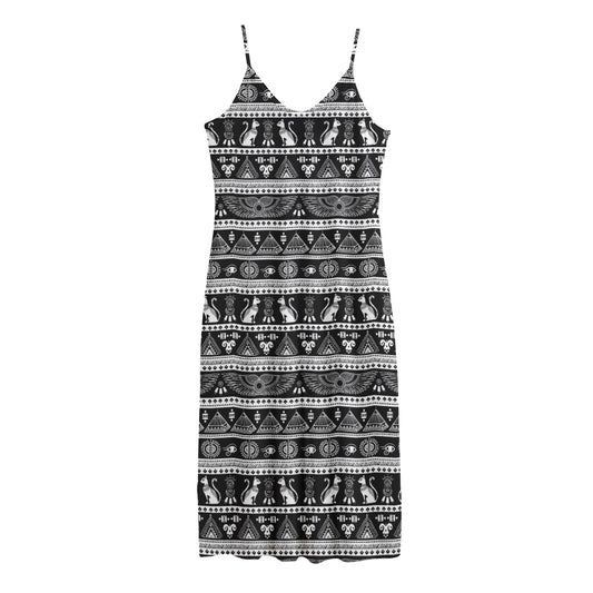 Black And White Egypt Pattern Print Jersey Midi Cami Dress