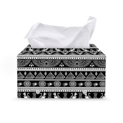 Black And White Egypt Pattern Print Leather Tissue Box Cover