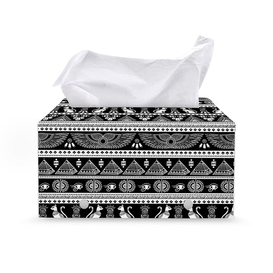 Black And White Egypt Pattern Print Leather Tissue Box Cover