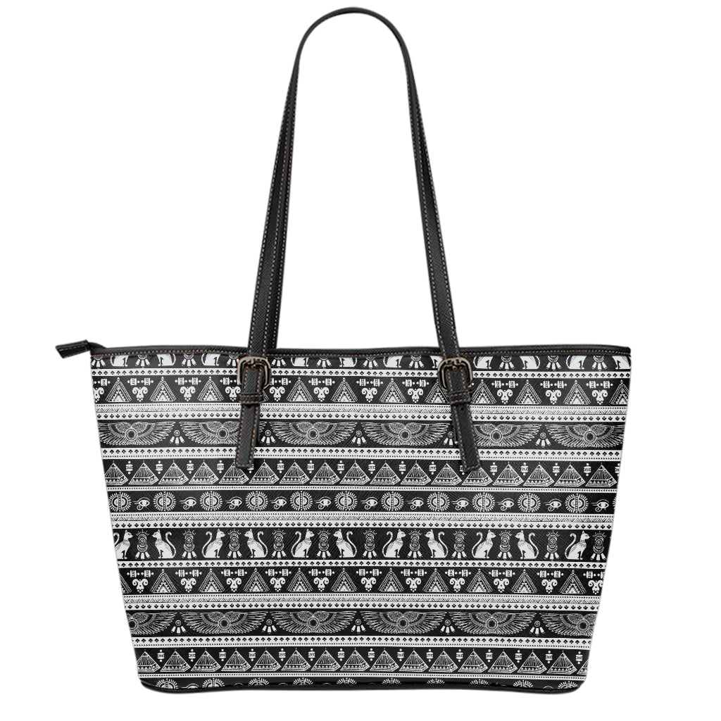 Black And White Egypt Pattern Print Leather Tote Bag