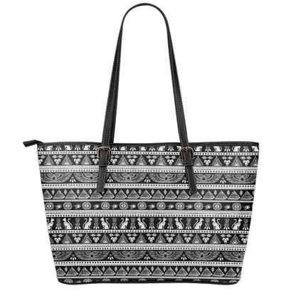 Black And White Egypt Pattern Print Leather Tote Bag