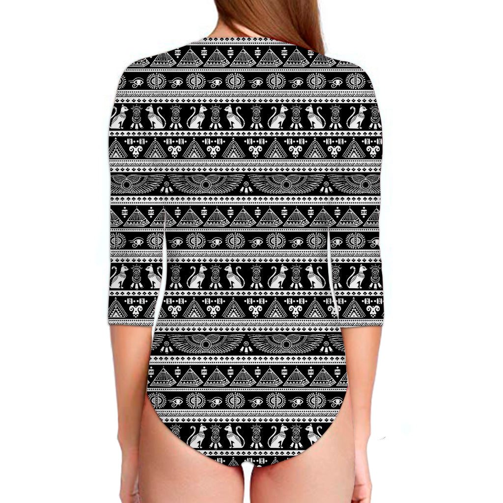 Black And White Egypt Pattern Print Long Sleeve Swimsuit