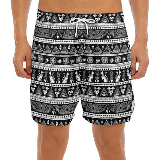 Black And White Egypt Pattern Print Men's Split Running Shorts