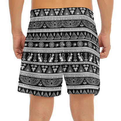 Black And White Egypt Pattern Print Men's Split Running Shorts