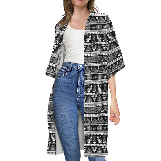 Black And White Egypt Pattern Print Open Front Beach Cover Up