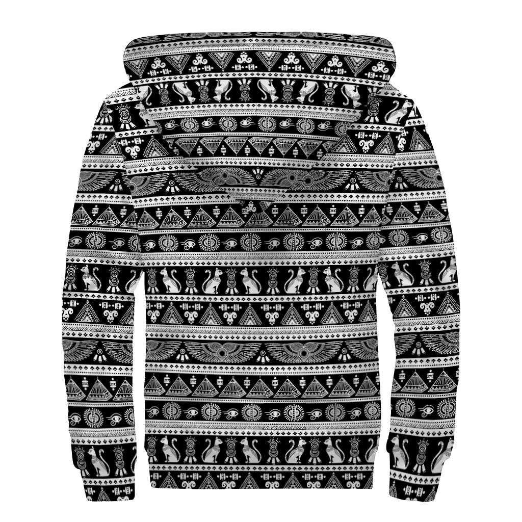 Black And White Egypt Pattern Print Sherpa Lined Zip Up Hoodie