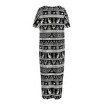 Black And White Egypt Pattern Print Short Sleeve Long Nightdress