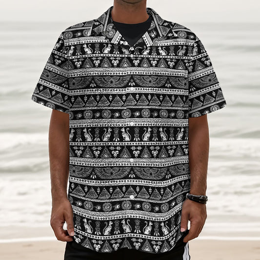 Black And White Egypt Pattern Print Textured Short Sleeve Shirt