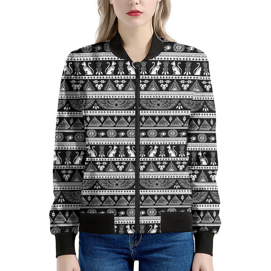 Black And White Egypt Pattern Print Women's Bomber Jacket