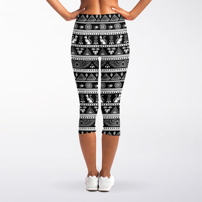 Black And White Egypt Pattern Print Women's Capri Leggings
