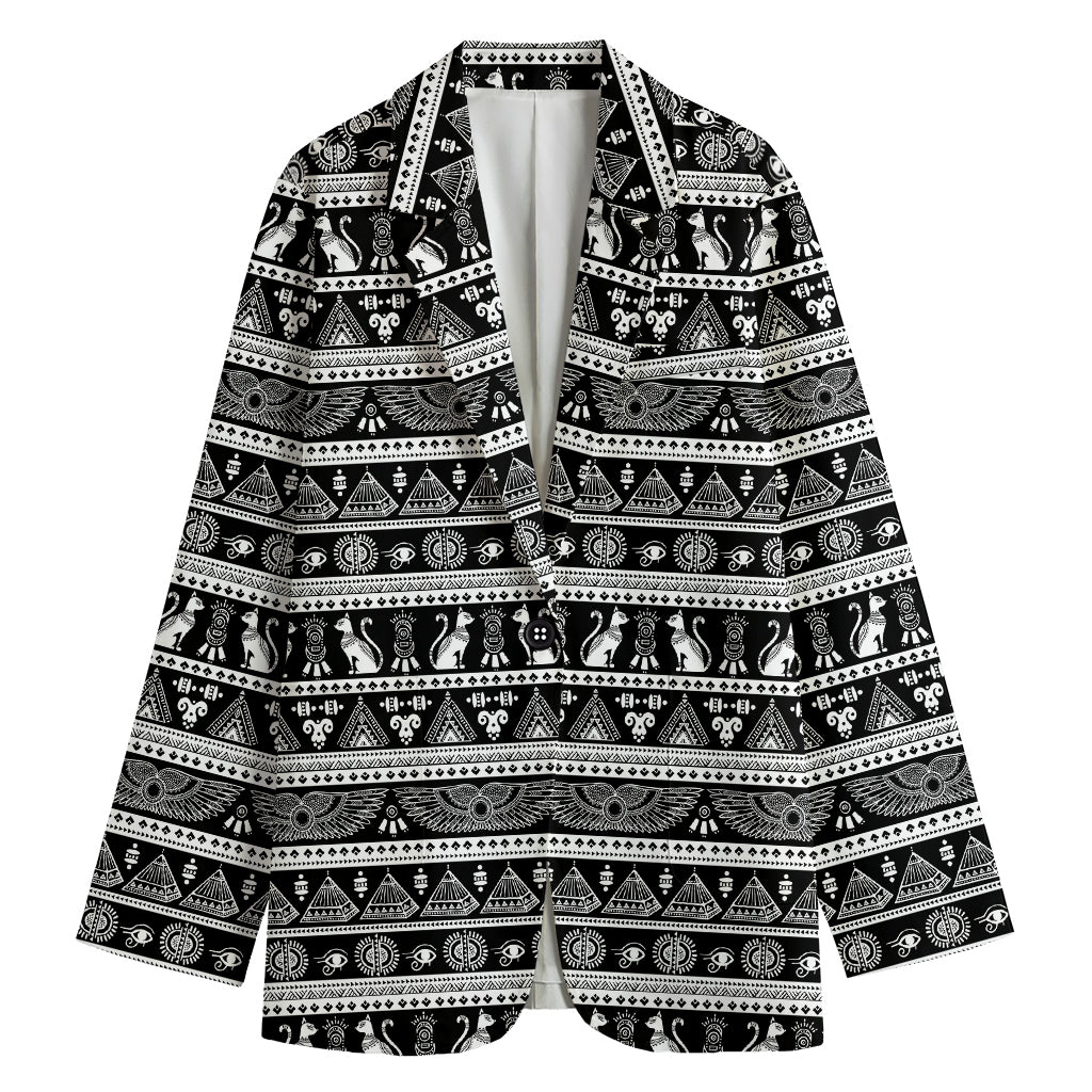Black And White Egypt Pattern Print Women's Cotton Blazer