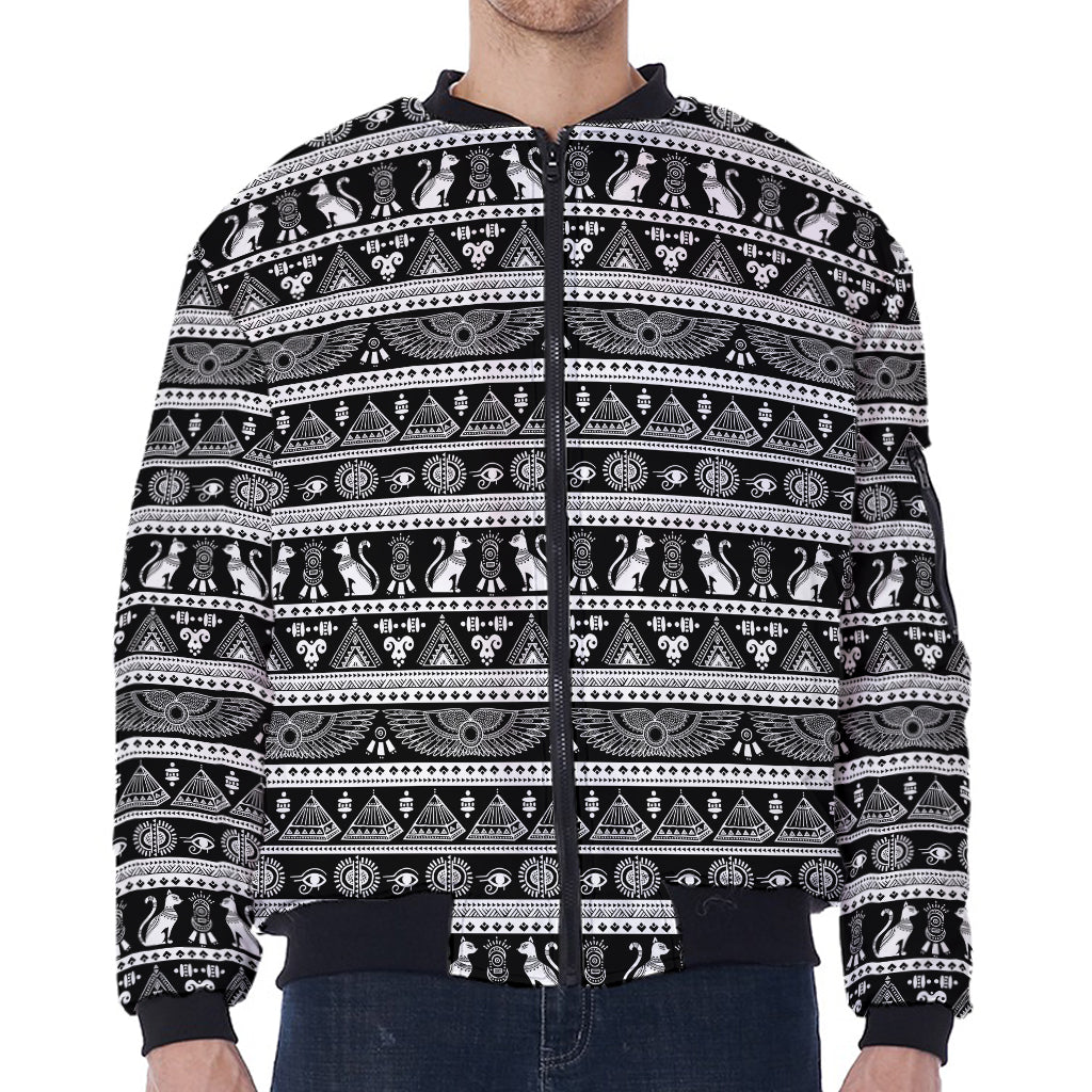 Black And White Egypt Pattern Print Zip Sleeve Bomber Jacket