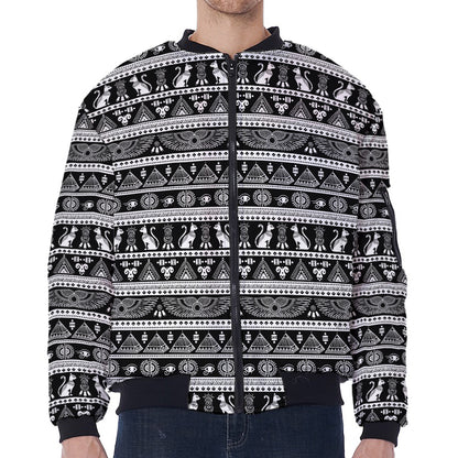 Black And White Egypt Pattern Print Zip Sleeve Bomber Jacket