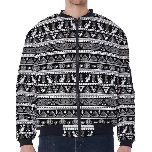 Black And White Egypt Pattern Print Zip Sleeve Bomber Jacket