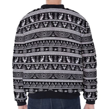 Black And White Egypt Pattern Print Zip Sleeve Bomber Jacket