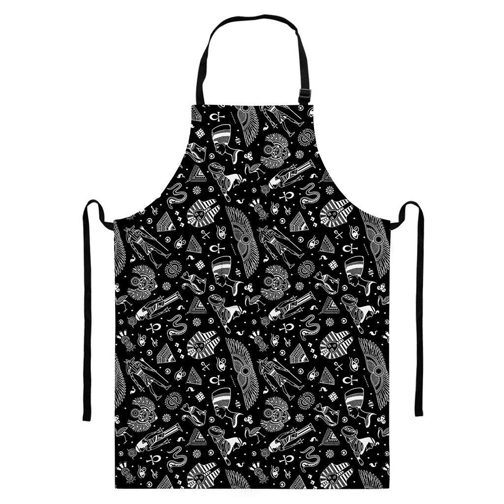 Black And White Egyptian Pattern Print Bib Apron With Pocket