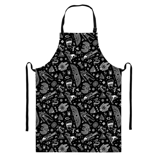 Black And White Egyptian Pattern Print Bib Apron With Pocket