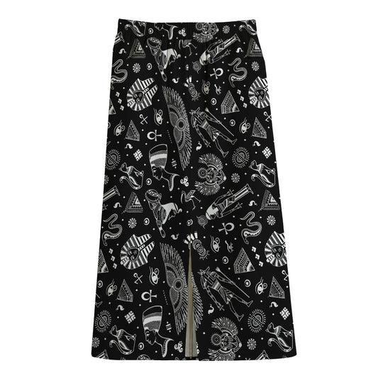 Black And White Egyptian Pattern Print Cotton Front Slit Maxi Skirt