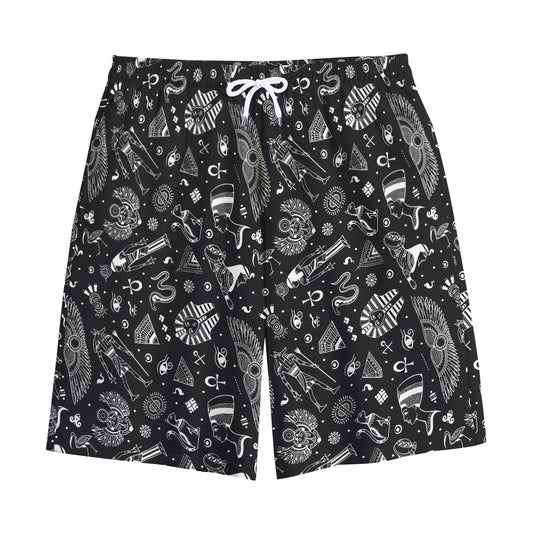 Black And White Egyptian Pattern Print Cotton Shorts