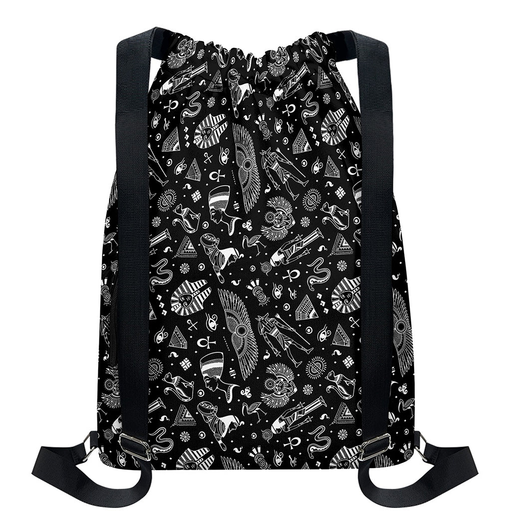 Black And White Egyptian Pattern Print Drawstring Backpack