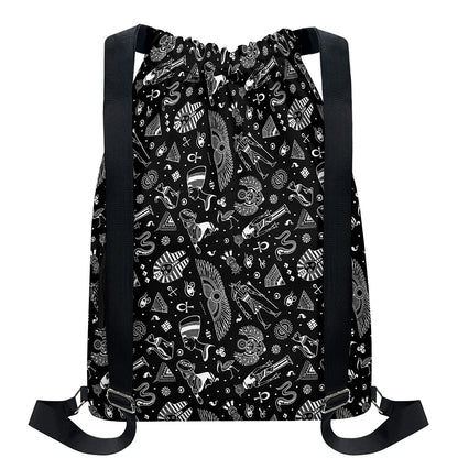 Black And White Egyptian Pattern Print Drawstring Backpack