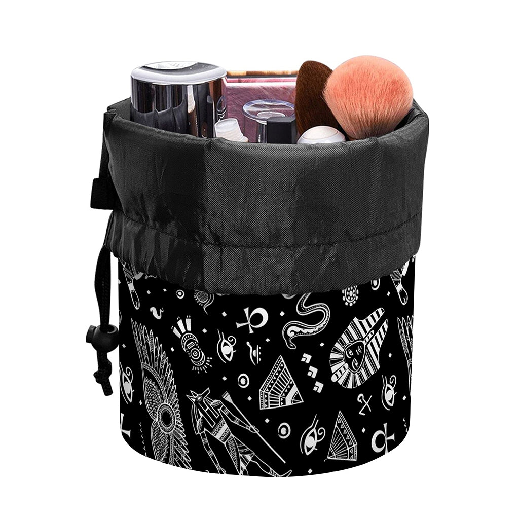 Black And White Egyptian Pattern Print Drawstring Makeup Bag