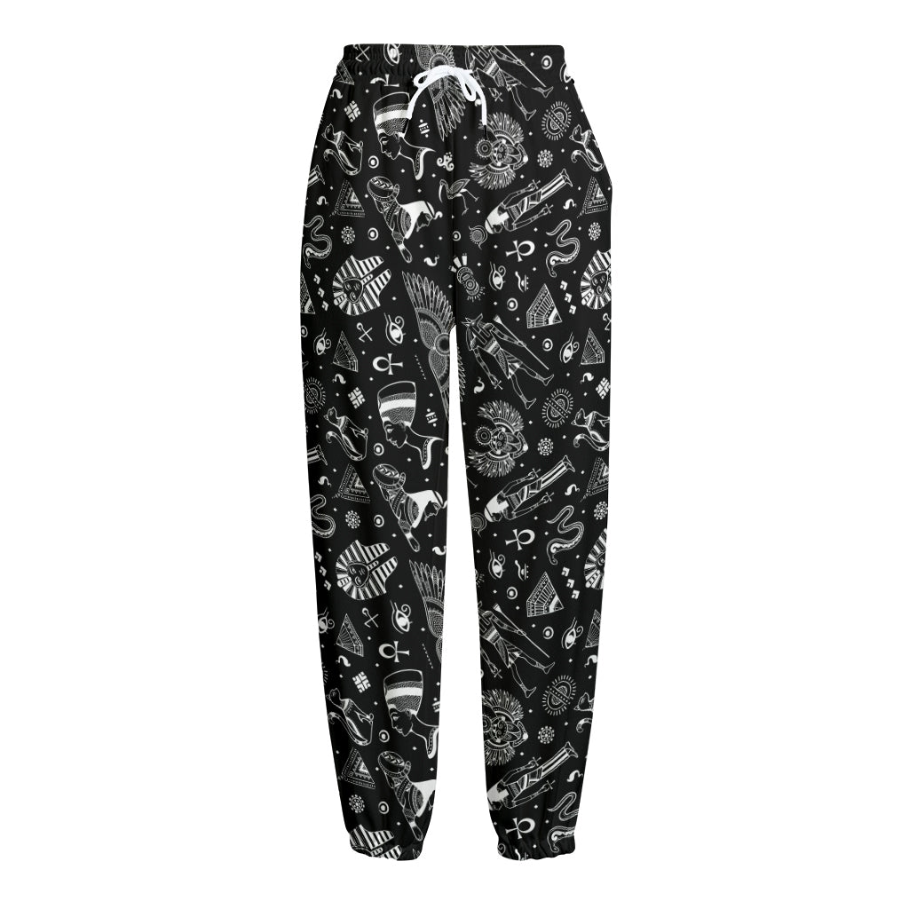 Black And White Egyptian Pattern Print Fleece Lined Knit Pants