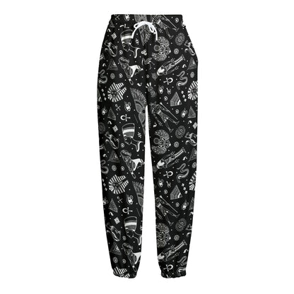 Black And White Egyptian Pattern Print Fleece Lined Knit Pants
