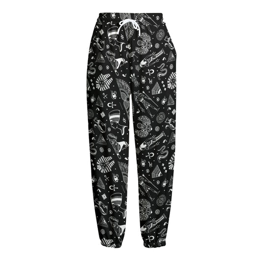 Black And White Egyptian Pattern Print Fleece Lined Knit Pants