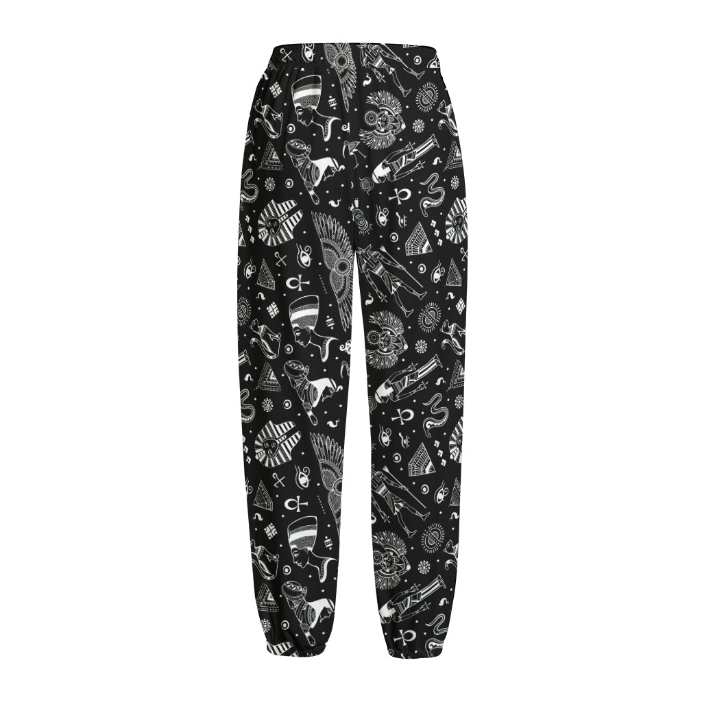Black And White Egyptian Pattern Print Fleece Lined Knit Pants