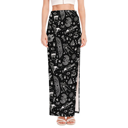 Black And White Egyptian Pattern Print High Slit Maxi Skirt