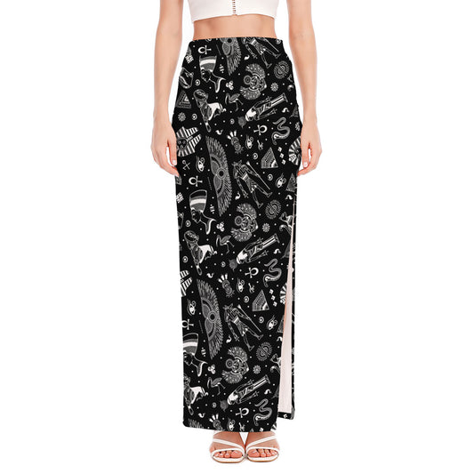 Black And White Egyptian Pattern Print High Slit Maxi Skirt