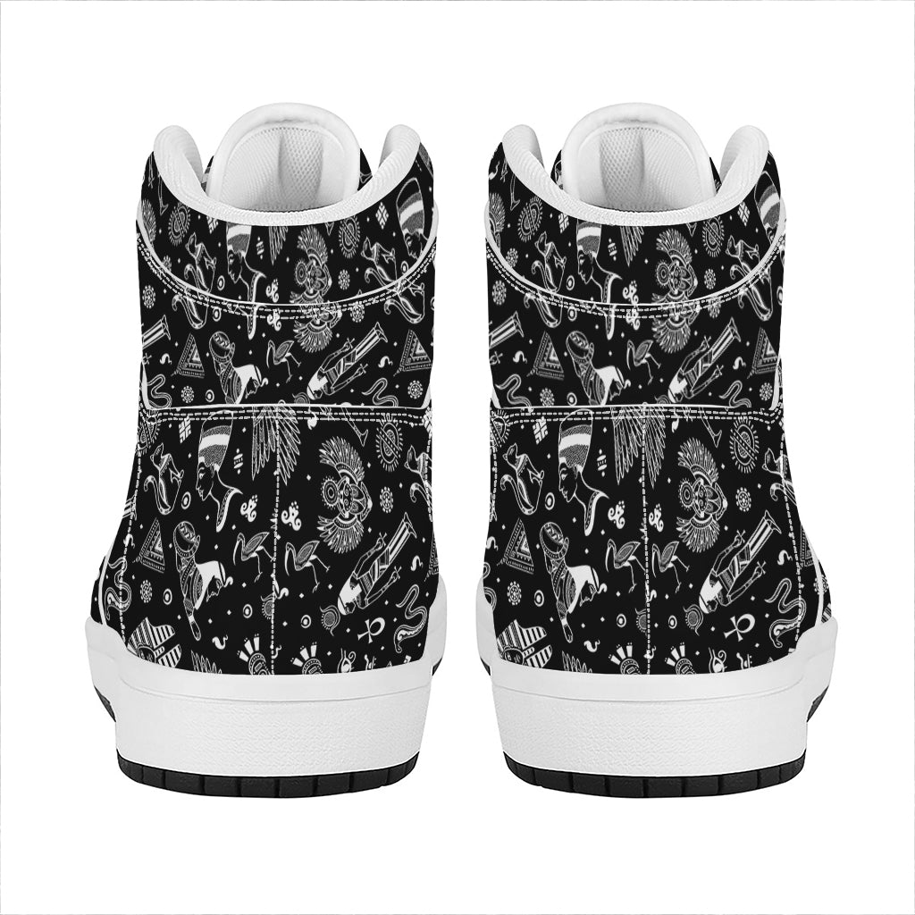 Black And White Egyptian Pattern Print High Top Leather Sneakers
