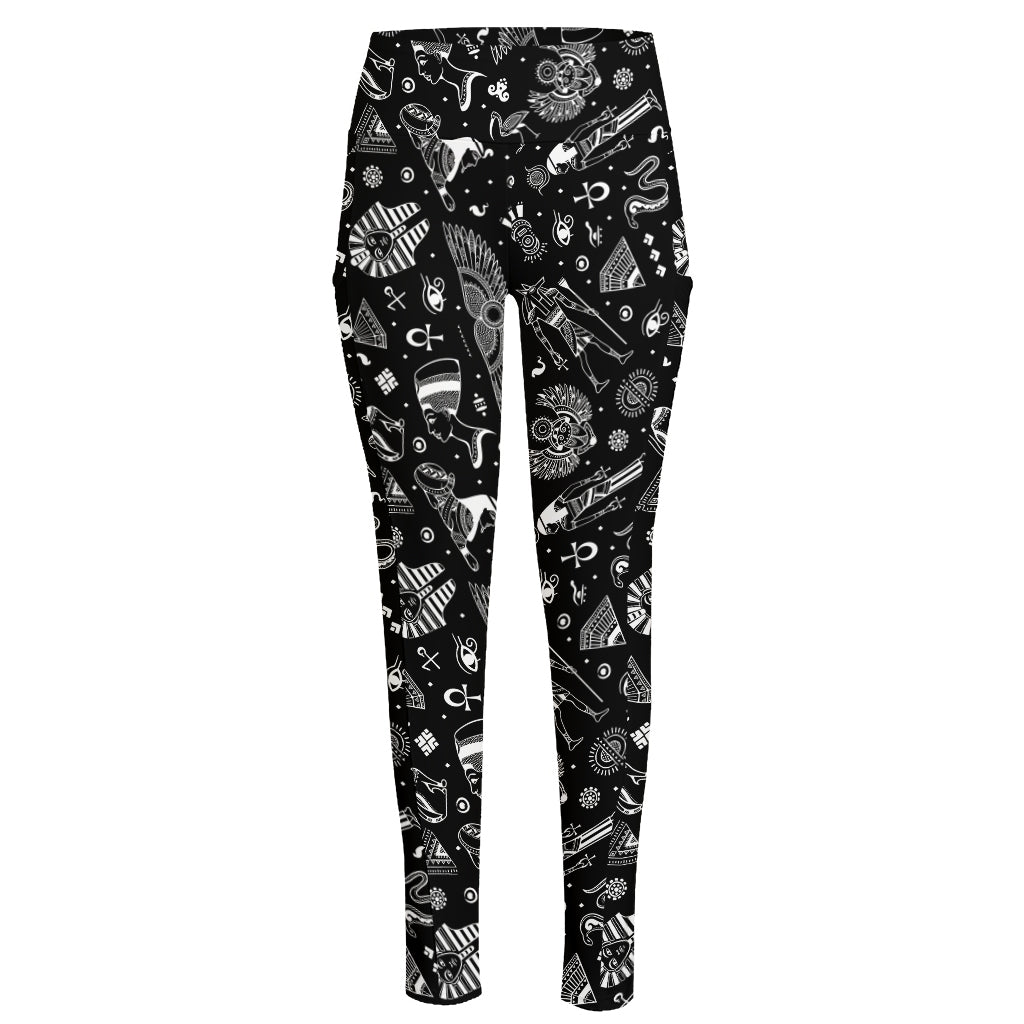 Black And White Egyptian Pattern Print High-Waisted Pocket Leggings