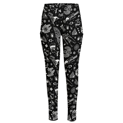 Black And White Egyptian Pattern Print High-Waisted Pocket Leggings