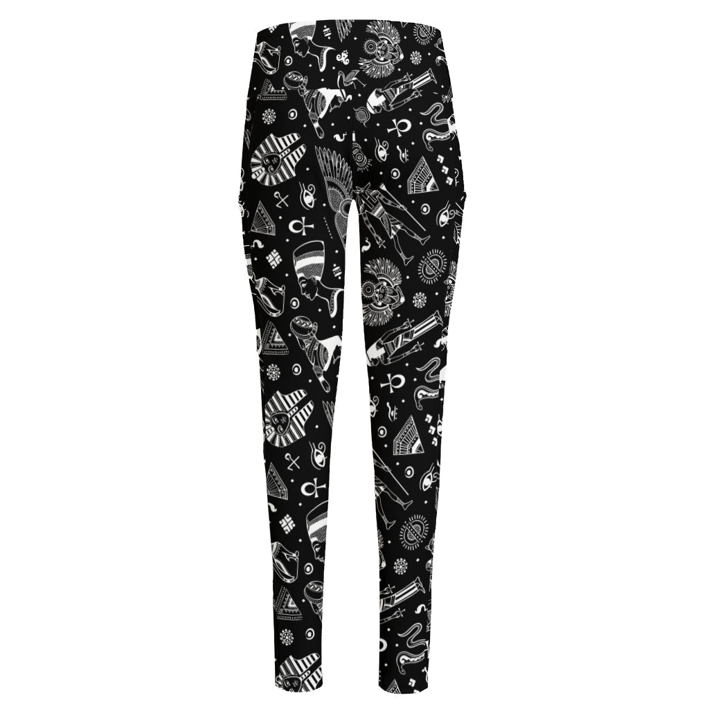 Black And White Egyptian Pattern Print High-Waisted Pocket Leggings